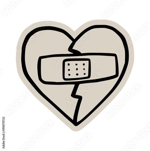 Healing heart with bandage scrapbook, doodle, sticker, collage, icon: hand drawn illustration of mending broken heart for mental health, self care, recovery, medical, psychology, emotion, love