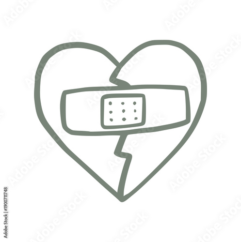 broken heart with bandage doodle icon, mending heart with plaster for healing, mental health recovery, love reconciliation, heartbreak therapy, and emotional wellness concept.