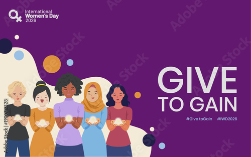 International Women’s Day 2026 Give to Gain Concept with Diverse Women Holding Light. Best for IWD 2026 campaign, empowerment, equality, diversity, solidarity, and women support. 