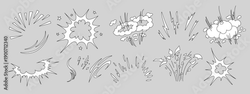 Hand-drawn superhero doodle effect featuring explosive comic burst effect set with dynamic speed lines and energetic cartoon motion elements vector illustration collection.