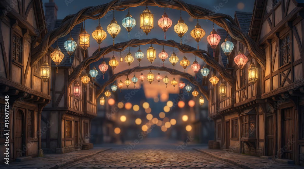 Obraz premium Magical Asian night market festival with thousands of colorful glowing lanterns hanging on large ancient trees, vibrant celebration and cultural tourism concept