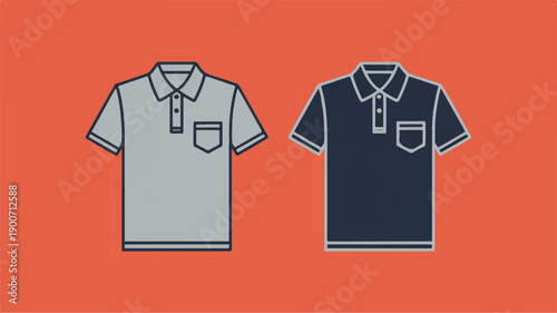 Two polo shirts, one grey and one navy, displayed on a vibrant orange background with a clean, minimalist graphic style