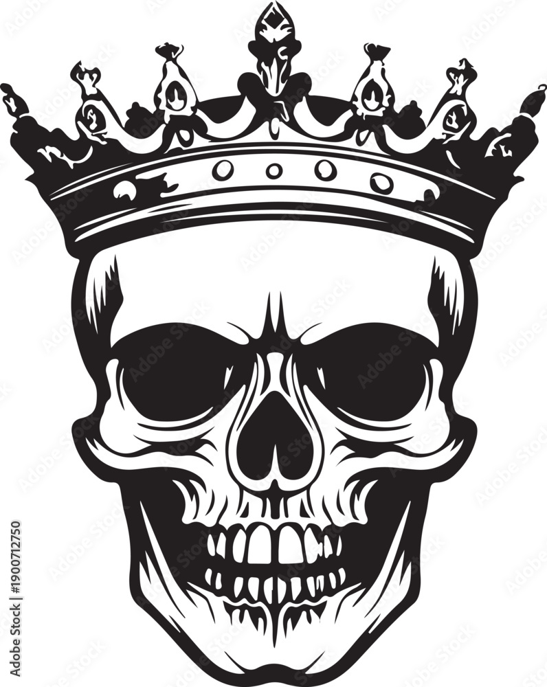 Fototapeta premium Detailed skull with crown silhouette vector illustration in black and white 