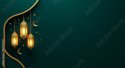 Elegant Teal and Gold Islamic Holiday Background with Illuminated Lanterns and Crescent Moon Decorations