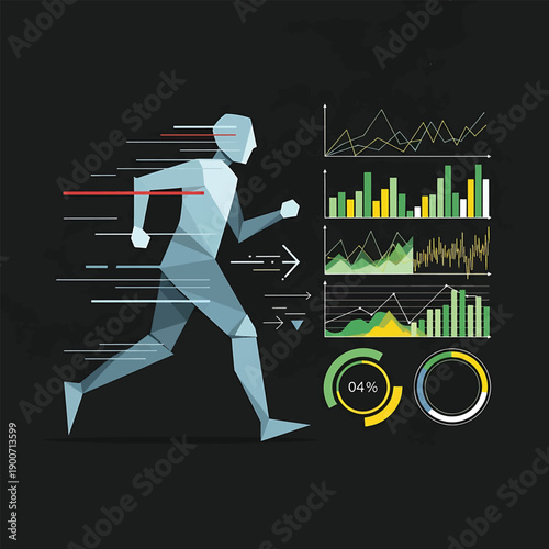 Abstract Human Figure Running with Data Visualization Elements.