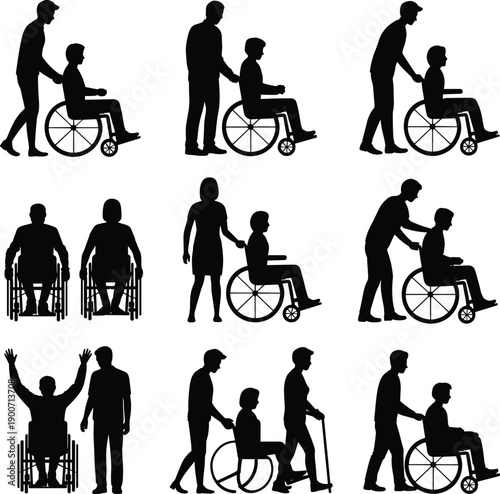 Wheelchair assistance and caregiving silhouettes collection, disability support and accessibility concept, inclusive community care scenes, flat vector illustration