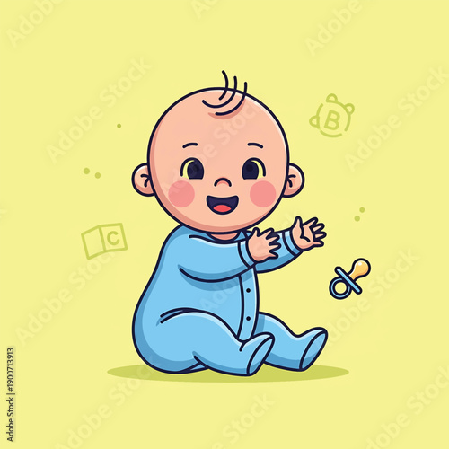 Cute Baby Boy Sitting and Playing with Pacifier.