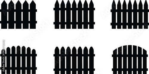 A diverse set of six classic black picket fence designs displayed on a simple white canvas