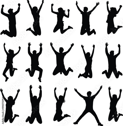 Black flat vector silhouettes of people jumping in joyful poses celebrating happiness freedom energy success motivation and positive lifestyle