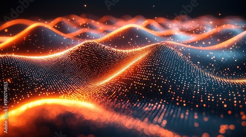 Abstract glowing energy waves, digital landscape, particle background, tech concept, website banner