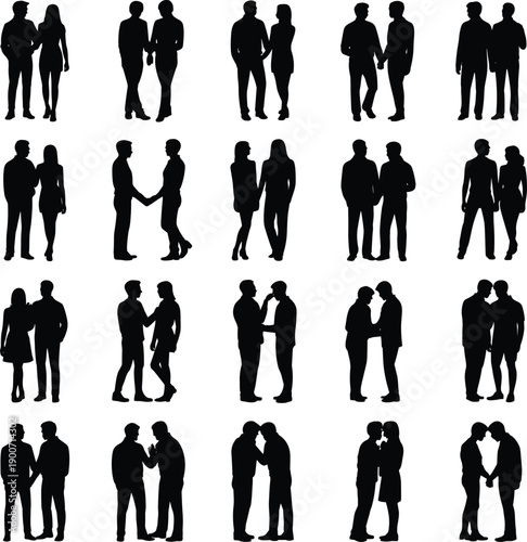 Black flat vector silhouettes of couples standing together holding hands showing love relationship romance intimacy and emotional human connection