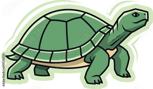 Cartoon illustration of a green tortoise walking forward.