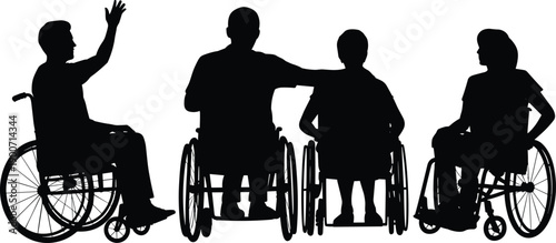 Group of wheelchair users silhouette, disability inclusion and accessibility concept, diverse community support scene, equal opportunity representation, flat vector illustration