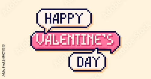 Pixel art speech bubbles with phrase Happy Valentine day.