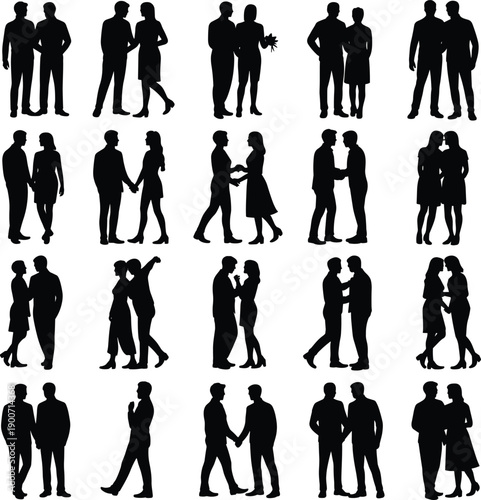 Black flat vector silhouettes of couples standing together holding hands hugging showing love relationship romance intimacy and human connection
