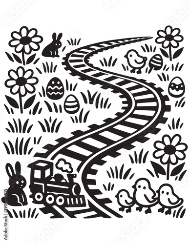 Whimsical easter train track with bunnies, chicks, flowers, and eggs coloring page illustration