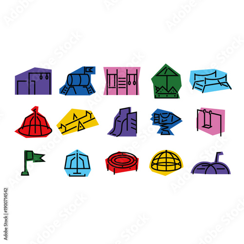 Children's playground equipment icon set and outdoor recreation collection. Vibrant abstract vector elements for nursery school brochures, municipal park planning, and family-friendly activity maps.