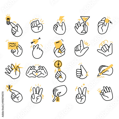 Creative hand gesture icon collection with diverse manual signs and symbolic actions. Minimalist doodle elements for communication designs, social media interaction graphics, and instructional storyte