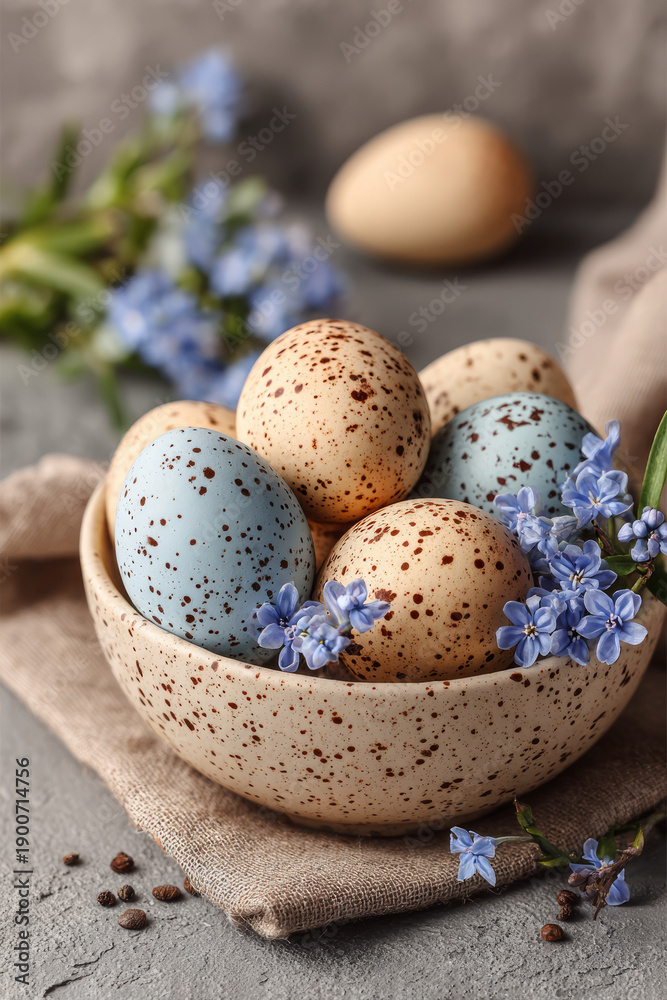 Obraz premium Naturally decorated Easter eggs in a speckled bowl with delicate blue spring flowers