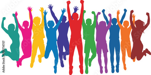 Colorful flat vector silhouettes of diverse people jumping together celebrating happiness freedom unity energy youth lifestyle and positive community spirit