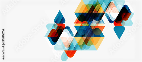 Abstract geometric shapes overlap, creating colorful translucent patterns. Minimalist design with vibrant hues, modern aesthetic.