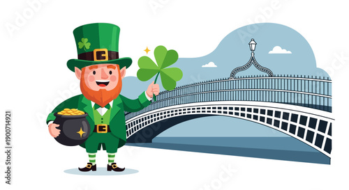 A charming flat design illustration features a happy leprechaun with his pot of gold and a shamrock, set against a recognizable Dublin landmark, symbolizing Irish luck.
