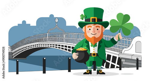 A charming flat design illustration features a happy leprechaun with his pot of gold and a shamrock, set against a recognizable Dublin landmark, symbolizing Irish luck.