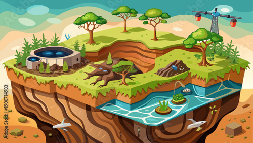 Very beautiful drone image revealing underground soil sections with exposed rocks and tree roots, illustrating geological layers, natural structures, and Earth’s hidden ecosystems.