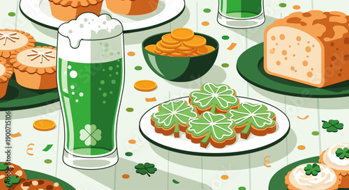 This flat design illustration displays a delightful St. Patrick's Day feast, featuring green beer, shamrock cookies, and other festive Irish treats.