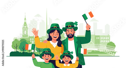 A heartwarming flat design illustration portrays a family happily celebrating St. Patrick's Day in Dublin, adorned in festive green attire.