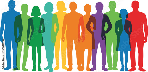 Colorful diverse people silhouettes illustration, inclusive multicultural community group, gender age identity representation, equality social concept, modern flat vector artwork