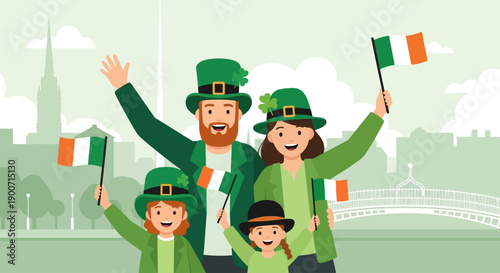 A heartwarming flat design illustration portrays a family happily celebrating St. Patrick's Day in Dublin, adorned in festive green attire.