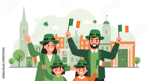 A heartwarming flat design illustration portrays a family happily celebrating St. Patrick's Day in Dublin, adorned in festive green attire.
