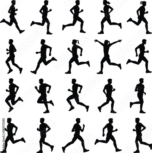 Black flat vector silhouettes of runners jogging in different poses showing fitness training endurance speed active healthy lifestyle