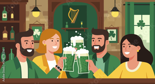A cheerful flat design illustration depicting three friends toasting with green beer in a traditional, cozy Dublin pub during St. Patrick's Day festivities.