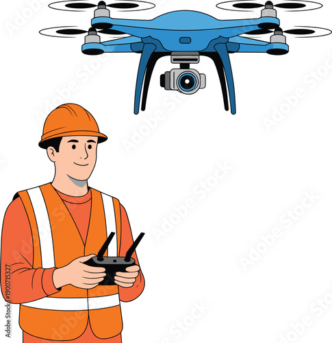 Construction worker operating drone illustration, aerial survey technology, professional pilot using controller, industrial inspection, modern flat vector design concept artwork