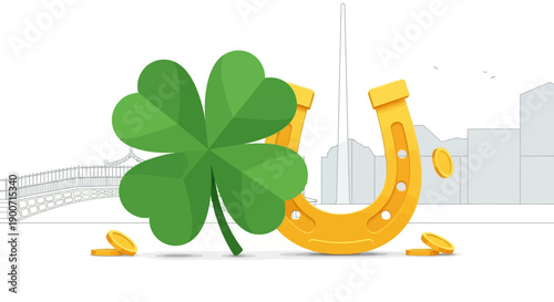 An elegant flat design illustration abstractly representing Irish luck and fortune through symbols like a four-leaf clover, horseshoe, and gold coins, with a Dublin landmark.