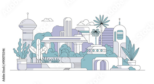 Architectural Illustration of a Cityscape with Modern and Traditional Buildings.