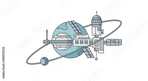 Detailed illustration of a futuristic space station orbiting the planet Earth in space.