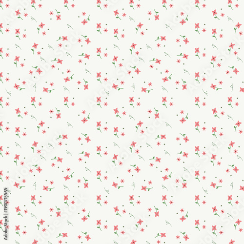 Delicate pink flowers and green leaves on white seamless pattern background