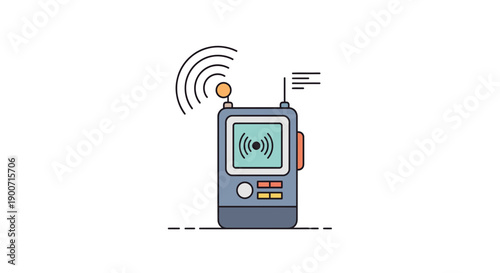 Illustration of a retro communication device with antenna and display transmitting signals.
