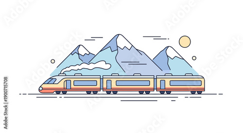 Highspeed train travels through mountains representing travel and adventure in scenic landscapes.