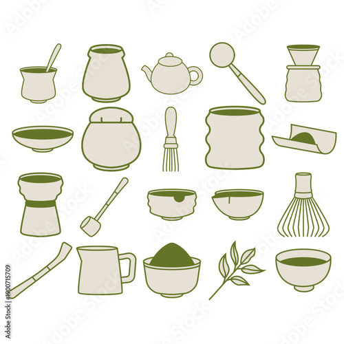 Japanese Matcha tea ceremony icon set and traditional tea tools collection. Minimalist line art vector elements for organic tea branding, zen cafe menus, and cultural wellness blogs.