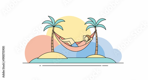 Relaxing vacation scene with person in hammock between palm trees on tropical island.