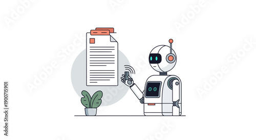 Robot analyzing document artificial intelligence data processing automation technology concept.