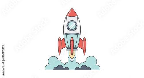 Rocket ship launching into space with fire and smoke illustration.