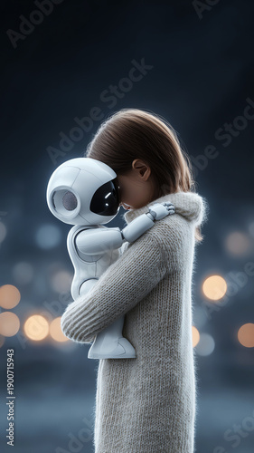 Young girl hugging small intelligent robot with affection. conceptual friendship with future technology on soft bokeh background at night