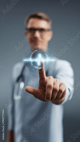 Focused doctor using future medical technology. professional man touching digital healthcare interface, symbolizing innovation in medicine