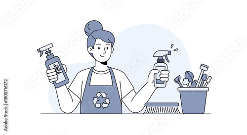 Woman holding cleaning spray bottles and cleaning tools for house cleaning.