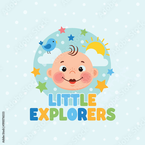 Cute Baby Face with Little Explorers Text.